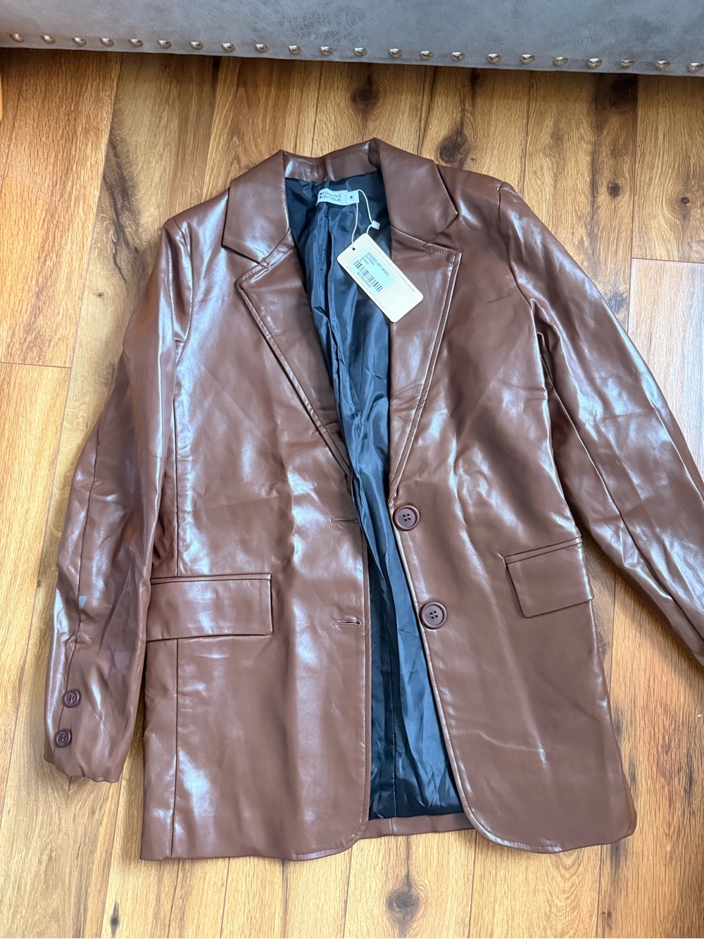 NWT Flawed Beginning Boutique Zina PU Blazer Brown Size 8